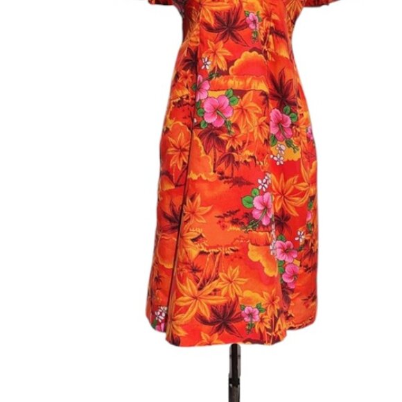 Bright Orange Tropical 1970s Vintage Hawaiian Floral Print Dress Flutter Sleeves - Picture 5 of 7